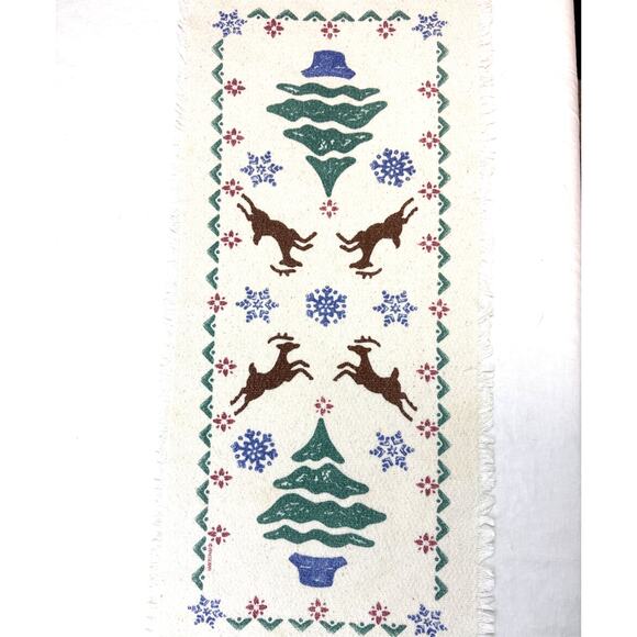 Pfaltzgraff Reindeer Snowflake Stencil Print Fringed Holiday Table Runner 1990s - Picture 4 of 8